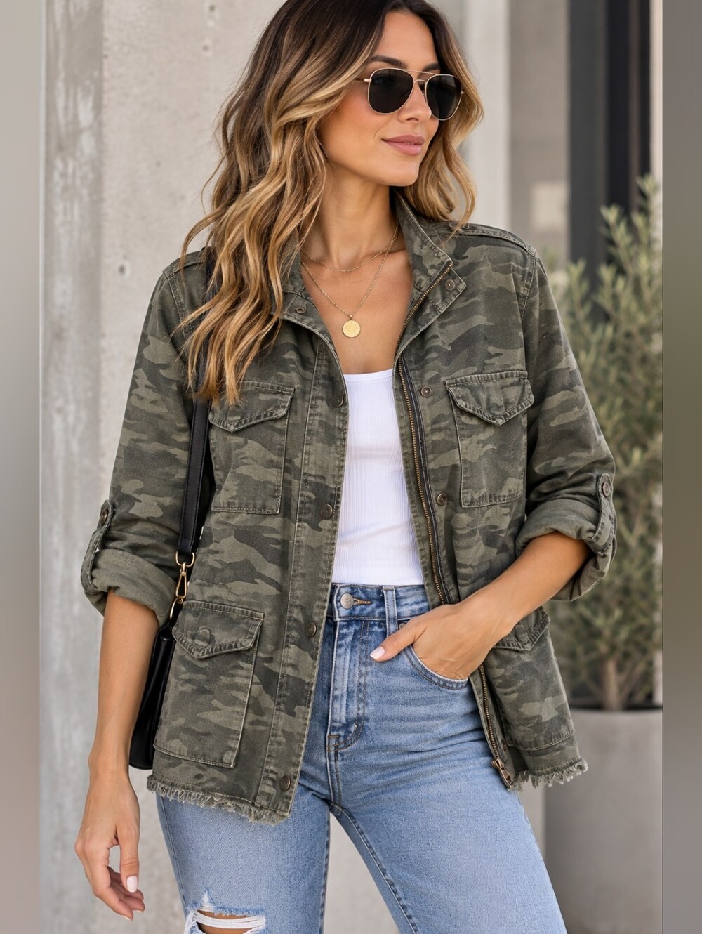 Sanctuary Camo Utility Jacket Size Medium Military Cargo Raw Hem Green
